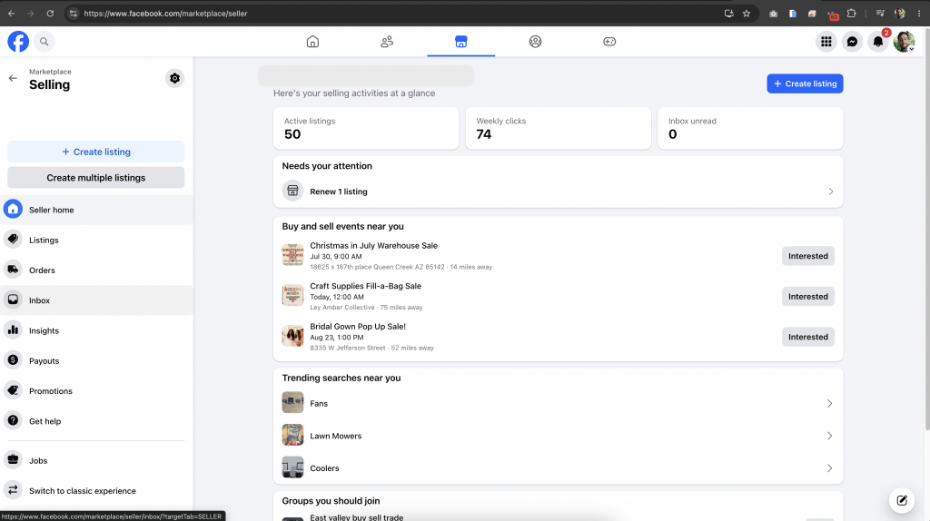 Facebook seller dashboard home new view.